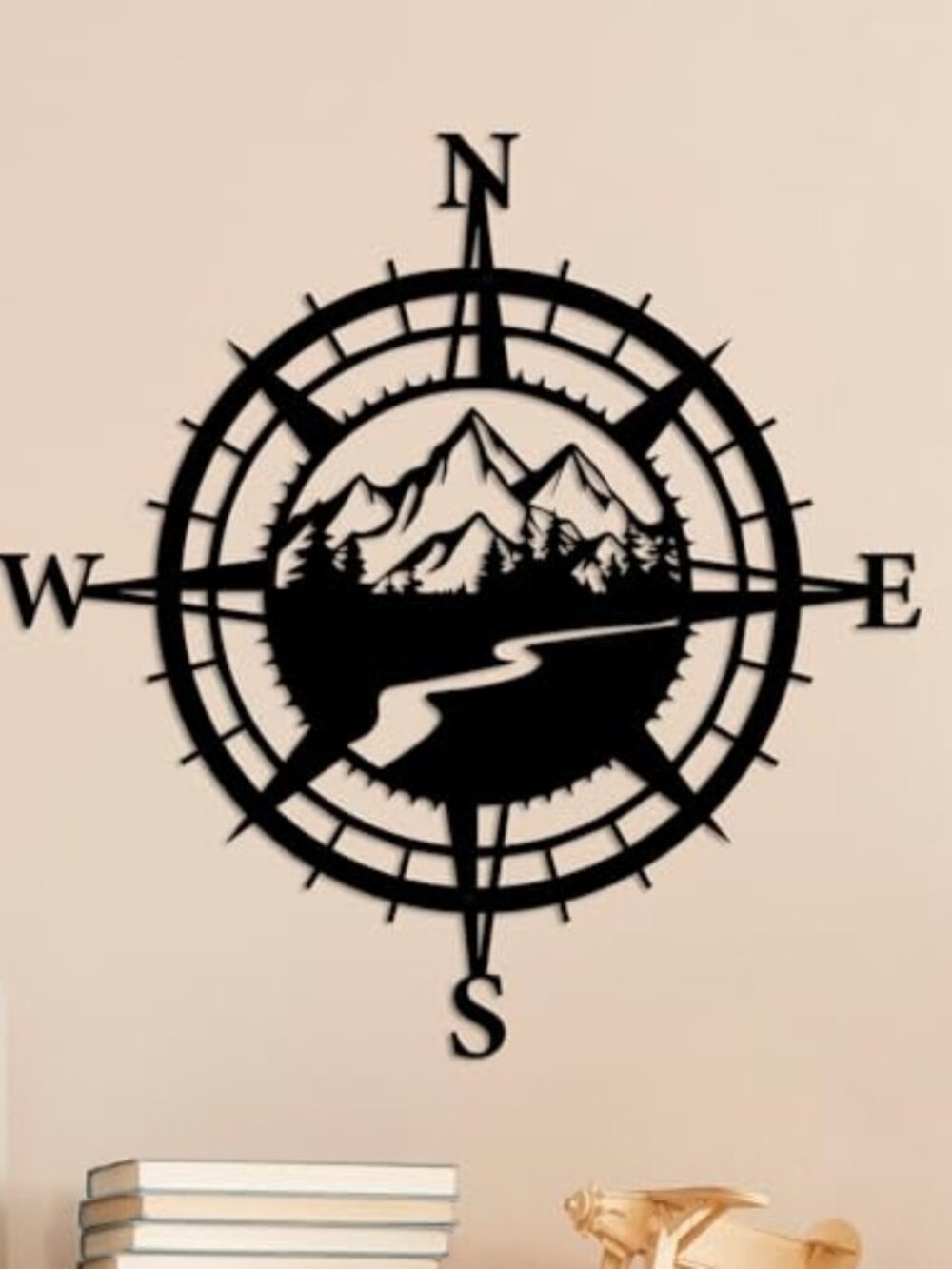 Black Metal Mountain Nautical Compass Wall Decor, Forest Decorative Indoor